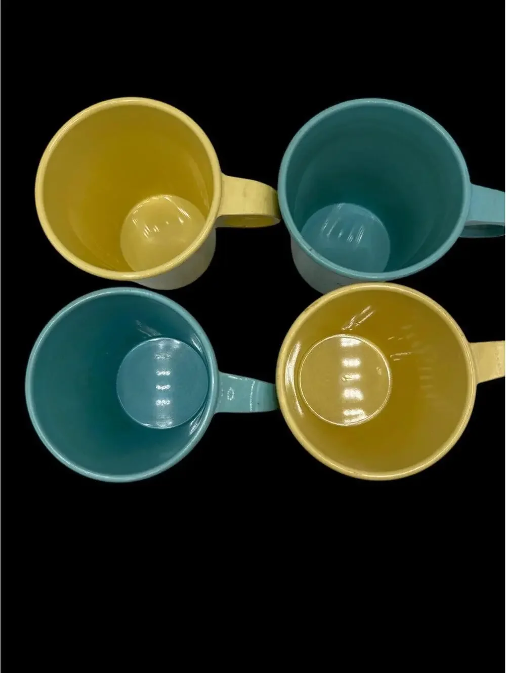 Vintage Melamine Coffee Cups Set: Mid Century Precision Ware, Yellow & Turquoise